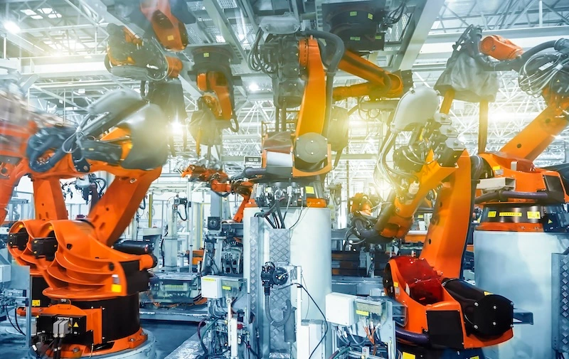 Digitale Roboter arbeiten an de Zukunft.